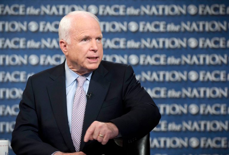   In this photo provided by CBS News, Sen. John McCain, R-Ariz., talks about the U.S. response to Syria on CBS's 