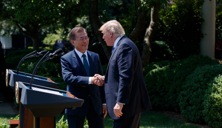 As the Doomsday Clock ticks toward thermonuclear Armageddon, relations between South Korean and the United States have taken on increased importance. (AP Photo/Evan Vucci)
