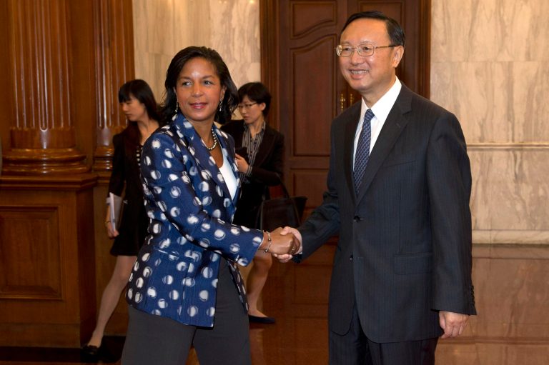 U.S. National Security Advisor Susan Rice shakes hands with Chinese State Councilor Yang Jiechi at right before a meeting at the Diaoyutai State Guesthouse in Beijing, China, Monday, Sept. 8, 2014. The White House's top national security adviser said Monday that the U.S. still considers China a priority as she met with a senior Chinese official on a trip to pave the way for a visit by President Barack Obama to Beijing in November.(AP Photo/Ng Han Guan, Pool)