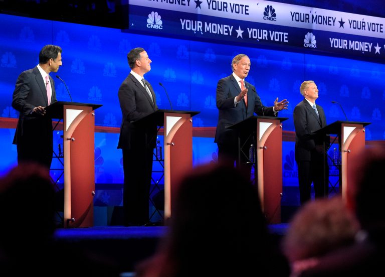 Republican presidential candidates, from left, Bobby Jindal, Rick Santorum, George Pataki, and Lindsey Graham take the stage during the CNBC Republican presidential debate at the University of Colorado, Wednesday, Oct. 28, 2015, in Boulder, Colo. (AP Photo/Mark J. Terrill)