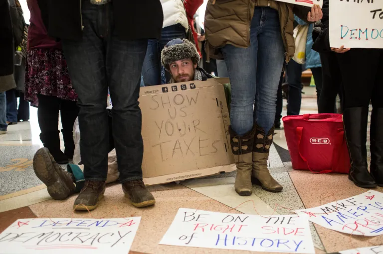 The new Bloomberg/Morning Consult poll shows that a slim and diminishing majority of voters still wants Trump to release his tax returns. (AP Photo/Tamir Kalifa)