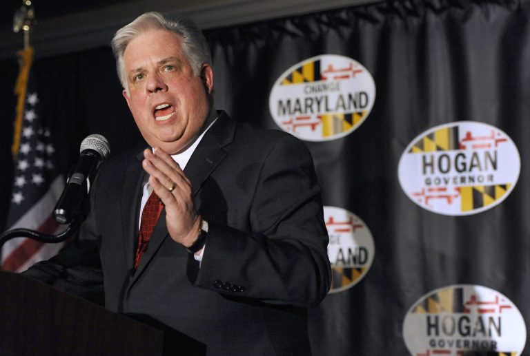 FILE - In this Jan. 29, 2014, file photo, Larry Hogan, a Republican Maryland gubernatorial candidate, speaks to supporters during a campaign rally in Riva, Md. Hogan will use public campaign finance money for his general election run for governor of Maryland, a move that will effectively tap out the state's fund unless it is replenished, a state elections board official said Wednesday, July 9. (AP Photo/Steve Ruark, File)