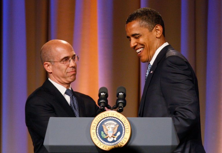 President Barack Obama and CEO of DreamWorks Animation Jeffrey Katzenberg at a Democratic National Committee fundraising event in Los Angeles, May 2009. (AP/Charles Dharapak)