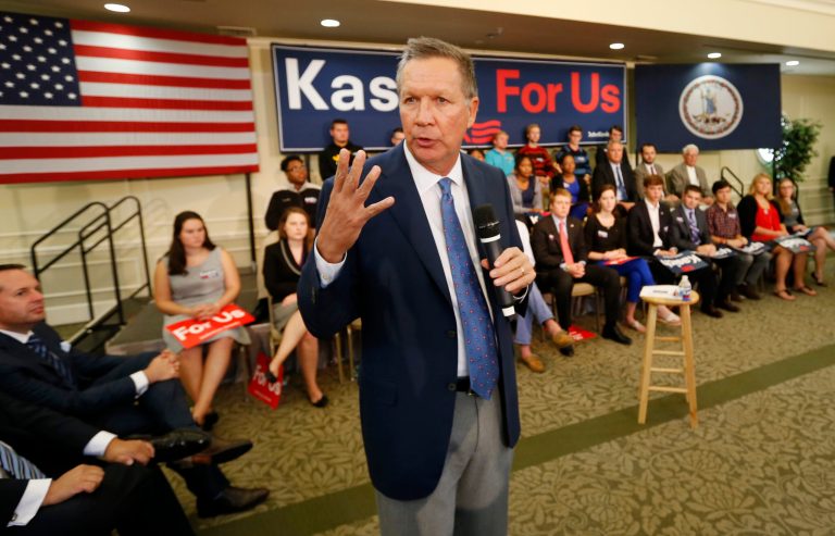 Republican presidential candidate, Ohio Gov. John Kasich gestures during a town hall meeting at the University of Richmond in Richmond, Va., Monday, Oct. 5, 2015. (AP Photo/Steve Helber)