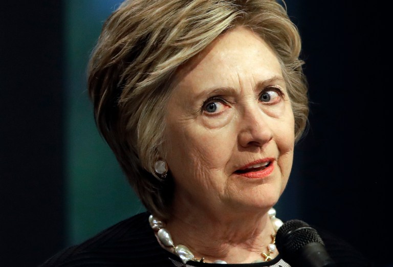 In this June 5, 2017 photo, former Secretary of State Hillary Clinton speaks at a fundraiser for the Elijah Cummings Youth Program in Israel in Baltimore. (AP Photo/Patrick Semansky)