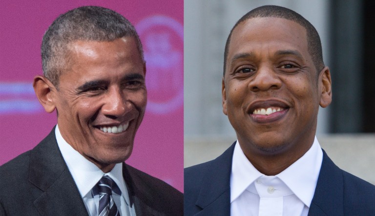 Former President Barack Obama inducted rapper Jay Z into the Songwriters Hall of Fame on Thursday. (Photo by Paul A. Hebert/Invision/AP)