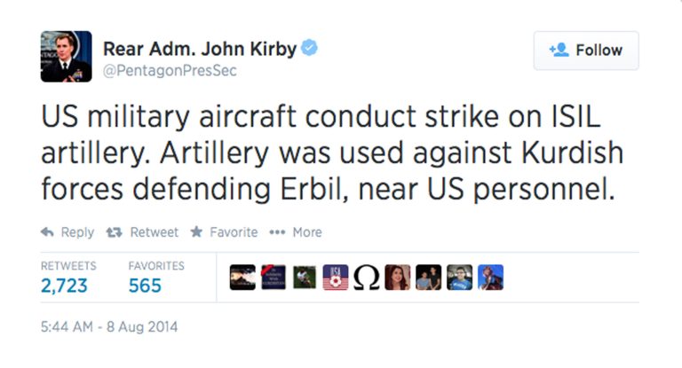 Pentagon press secretary Rear Adm. John Kirby confirmed the news on Twitter Friday, saying artillery was used to protect U.S. personnel near the city of Erbil. (Screenshot)