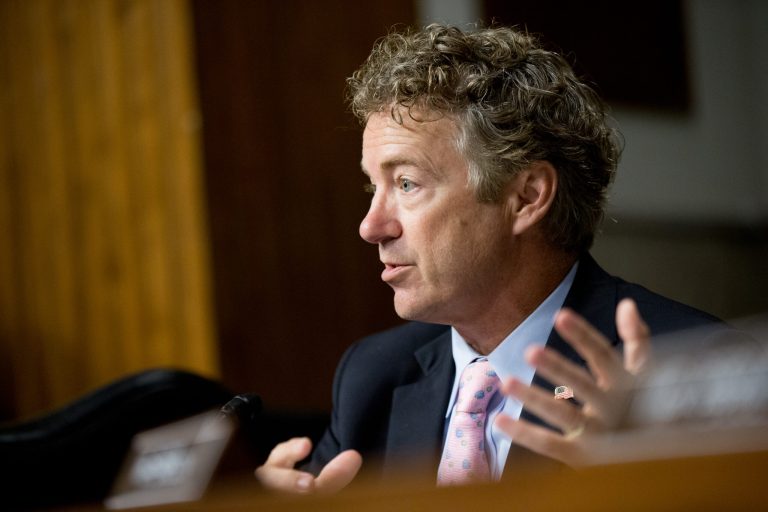 Republican presidential candidate Sen. Rand Paul, R-K.Y., speaks as Secretary of State John Kerry, Secretary of Treasury Jack Lew, and Secretary of Energy Ernest Moniz testify at a Senate Foreign Relations Committee hearing on Capitol Hill, in Washington, Thursday, July 23, 2015, to review the Iran nuclear agreement. (AP Photo/Andrew Harnik)