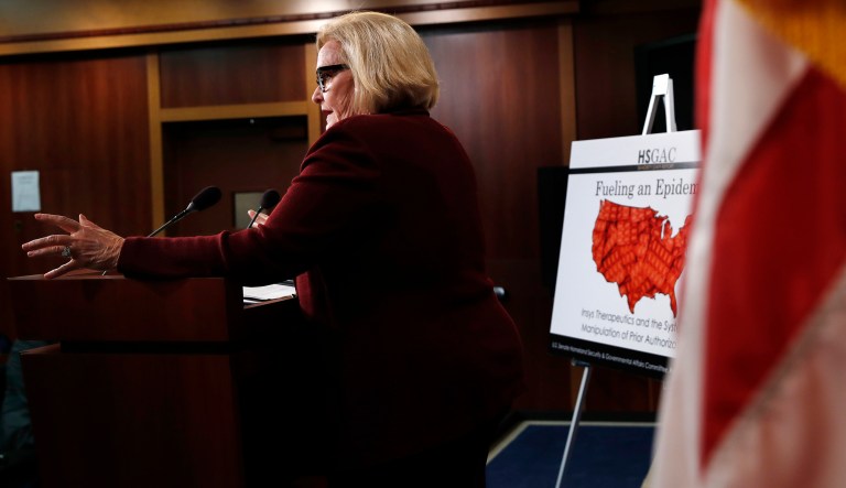 Sen. Claire McCaskill, D-Mo., announces her findings from an investigation into opioid prescriptions, Wednesday, Sept. 6, 2017, on Capitol Hill in Washington. (AP Photo/Jacquelyn Martin)