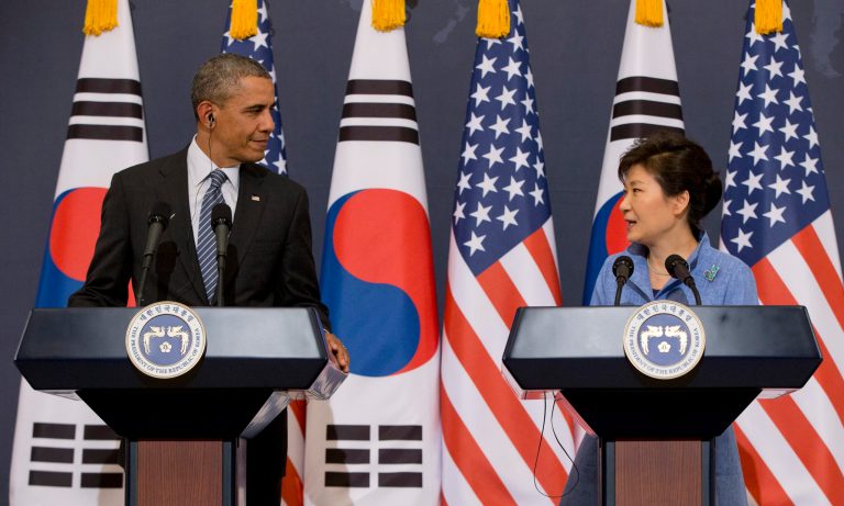 In this April 25, 2014 file photo, U.S. President Obama and South Korean President Park Geun-hye participate in a joint news conference at the Blue House, in Seoul, South Korea. (AP Photo/Carolyn Kaster, File)