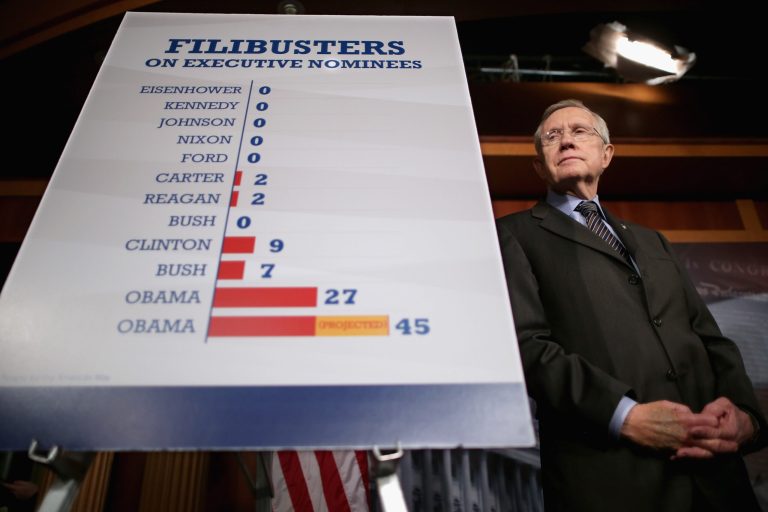 NOV. 21, 2013: Harry Reid, D-Nev., talks to reporters about the new Senate filibuster rules, the so-called 'nuclear option.' (Getty images/Chip Somodevilla)