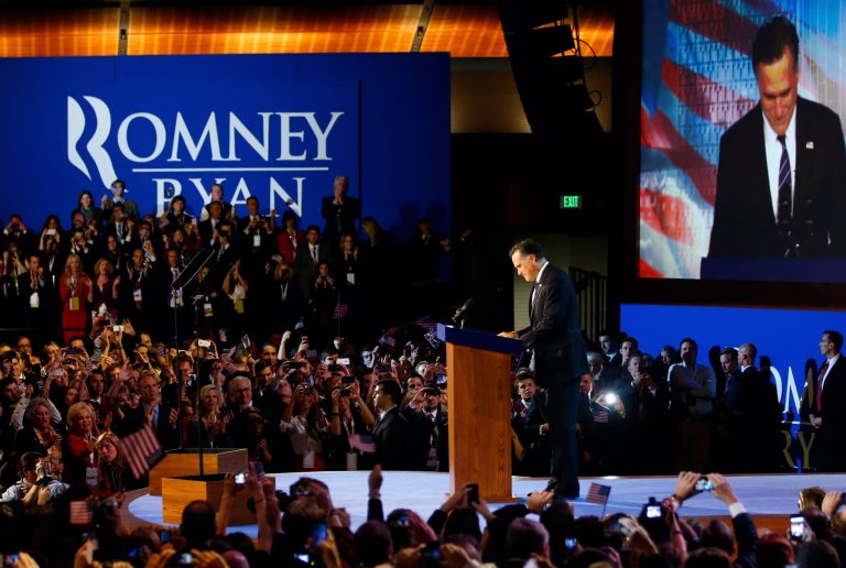 Republican presidential candidate, Mitt Romney concedes the presidency at the Boston Convention & Exhibition Center. (Getty Images)