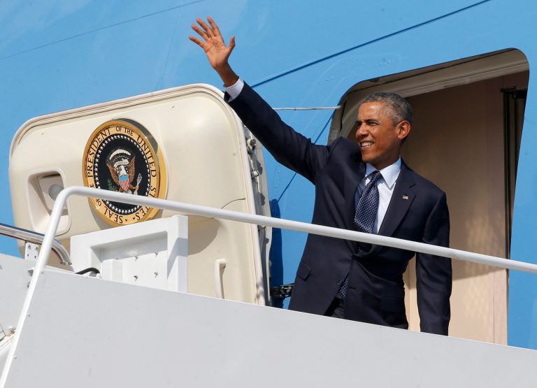 President Barack Obama waves as he boards Air Force One at Andrews Air Force Base, Md., Tuesday, Sept. 2, 2014, as he begins his trip to Estonia and Wales for the NATO Summit. (AP Photo/Charles Dharapak)