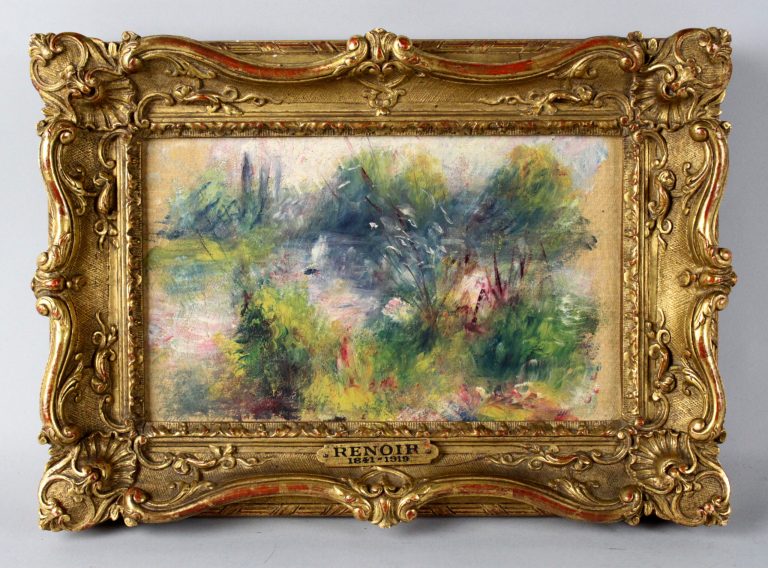 This image released by Potomack Company shows an apparently original painting by French impressionist Pierre-Auguste Renoir that was acquired by a woman from Virginia who stopped at a flea market in West Virginia and paid $7 for a box of trinkets that included the painting. Anne Norton Craner, fine arts director for the Potomack Co. auction house in Alexandria, Va., says the woman made an appointment in July to see if it might be real. Craner says the painting was verified through a close look at the colors and brushwork along with the help of the French publisher of a catalog of Renoir's work. Craner said the painting is 