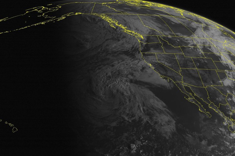 This NOAA satellite image taken Friday, Aug. 29, 2014, at 11:00 a.m. EDT shows the remnants of Tropical Storm Marie far off the coast of California bringing rough surf to many southern California beaches. An area of low pressure enters the Pacific Northwest with rain showers. High pressure dominates over the southwestern United States with mostly sunny skies. (AP Photo/Weather Underground)
