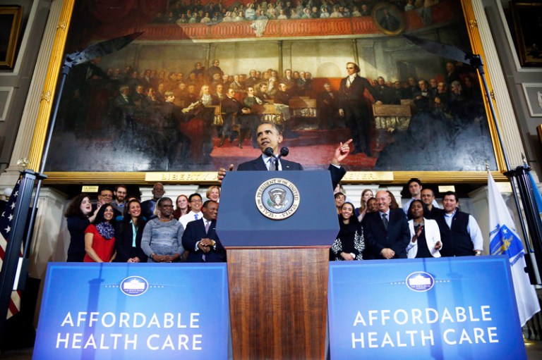 President Barack Obama speaks at Boston's historic Faneuil Hall about the federal health care law. (AP/Charles Dharapak)