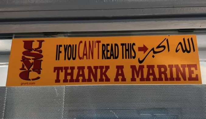 Illinois restaurant owner standing by pro-USMC, anti-Arab bumper sticker