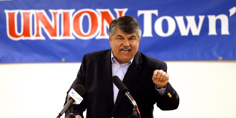 National AFL-CIO President Richard Trumka speaks in Portland, Ore., Monday, May 18, 2015, about the organization's concerns over the Trans-Pacific Partnership treaty that President Obama is pushing. He just became a grandfather. (AP Photo/Don Ryan)