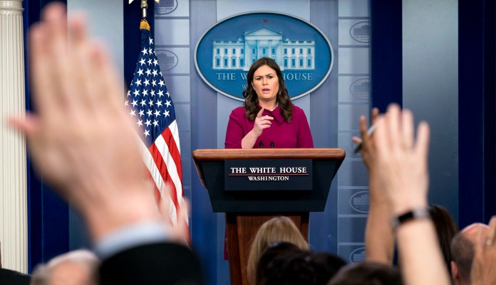 White House press secretary Sarah Sanders said Monday the media has repeatedly "leaked" classified information provided by sources on Capitol Hill, a move that "put[s] national security at risk." (AP Photo/Andrew Harnik)
