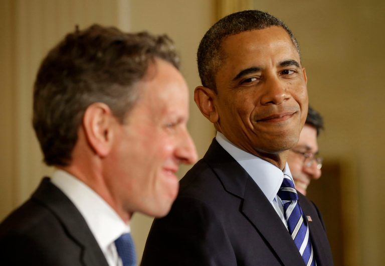 President Obama, accompanied by outgoing Treasury Secretary Timothy Geithner, announces the nomination of Jack Lew as Treasury secretary, in the East Room of the White House in January 2013. (AP Photo/Pablo Martinez Monsivais)