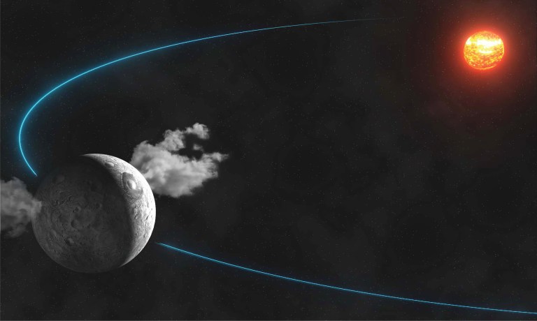 This artist rendering released by IMCCE (Institut de Mecanique Celeste et de Calcul des Ephemerides) shows water plumes spewing from the surface of the dwarf planet Ceres. Scientists led by the European Space Agency observed the plumes and reported their findings in the Jan. 23, 2014 issue of the journal Nature. (AP Photo/ IMCCE, Paris Observatory, CNRS)