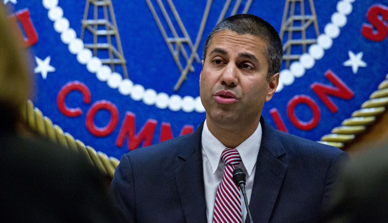 Ajit Pai, chairman of the Federal Communications Commission, speaks during an open commission meeting in Washington on Thursday, Dec. 14, 2017. (Andrew Harrer/Bloomberg)