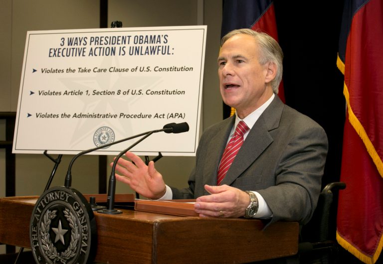 Texas Attorney General and Gov.-elect Greg Abbott speaks against President Barack Obama's executive order on immigration at the Price Daniel Building in Austin, Texas, on Monday, Nov. 24, 2014. (AP Photo/Austin American-Statesman, Jay Janner)