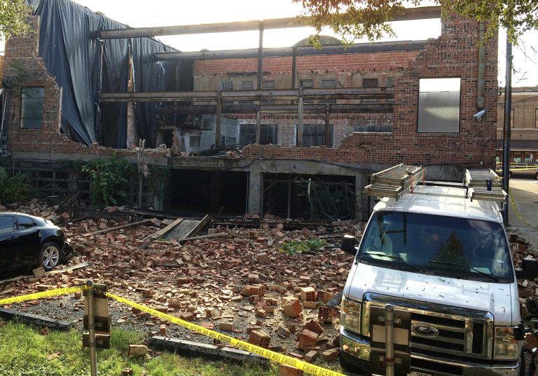 The wall of a North Main Street building collapsed next to Lonesome Dove Western Bistro following a storm at the Stockyards in Fort Worth, TX , Thursday, Oct. 2, 2014.  ((AP Photo/Star-Telegram, Ron T. Ennis)
