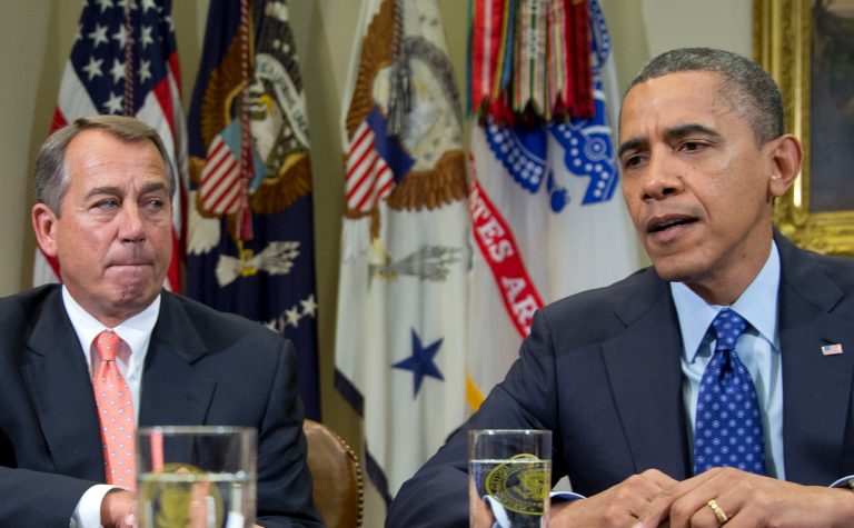   FILE - This Nov. 16, 2012 file photo shows President Barack Obama, accompanied by House Speaker John Boehner of Ohio, speaking to reporters in the Roosevelt Room of the White House in Washington, as he hosted a meeting of the bipartisan, bicameral leadership of Congress to discuss the deficit and economy in Washington. Americans are living longer, and Republicans are proposing to raise the Medicare eligibility age as part of a deal to reduce the government's huge deficits. But what sounds like a common-sense sacrifice for an aging society that's facing tight budgets could have some surprising consequences, including higher premiums for people on Medicare. (AP Photo/Carolyn Kaster, File)  