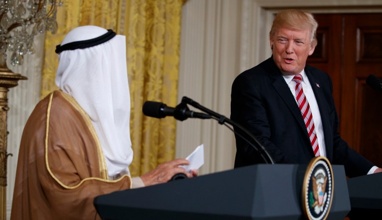President Trump poking fun at the media after Kuwaiti Emir Sheikh Sabah Al Ahmad Al Sabah railed against Qatari press for focusing on problems between Qatar and other Arab states. (AP Photo/Evan Vucci)