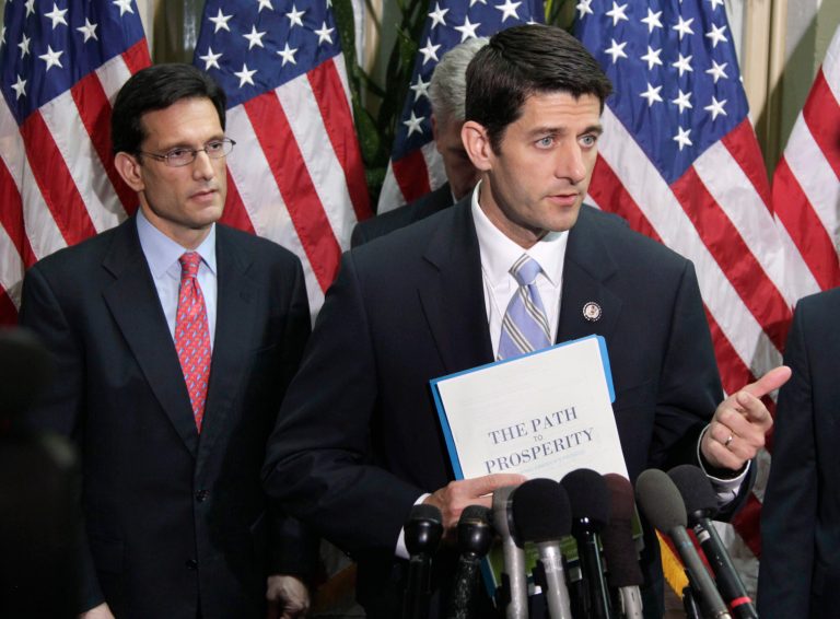 House Budget Committee Chairman Rep. Paul Ryan, R-Wis., right, accompanied by House Majority Leader Eric Cantor of Va., left, speaks during a news conference on Capitol Hill in Washington in April 2011. (AP Photo/Carolyn Kaster)