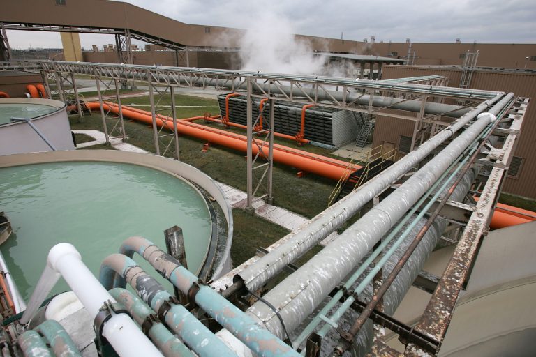 FILE - General Motors Orion Assembly Plant's wastewater treatment facilities are shown in this Nov. 29, 2005 file photo. Michigan is fourth in the nation in the share of its workforce associated with industries that develop freshwater technology and services or are highly dependent on plentiful and clean water, according to a report released Thursday May 29, 2014. (AP Photo/Paul Sancya, File)