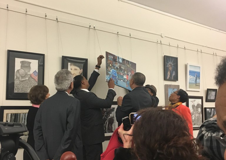 Rep. William Lacy Clay, D-Mo., on Tuesday rehung a high school student's painting in the Capitol that depicts police as pigs. (Kelly Cohen/Washington Examiner)