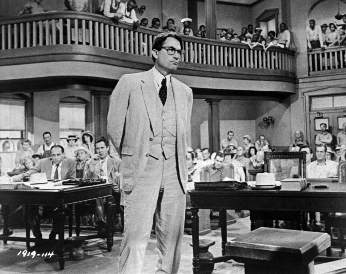Gregory Peck is shown as attorney Atticus Finch, a small-town Southern lawyer who defends a black man accused of rape, in a scene from the 1962 movie "To Kill a Mockingbird." (AP Photo)
