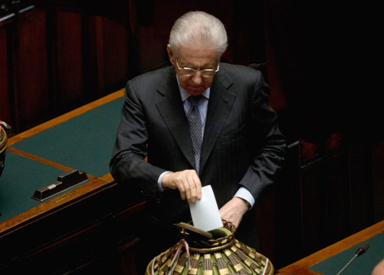 Italian caretaker Premier Mario Monti cast his vote for a new president whose first job will be to seek the formation of a new government after inconclusive elections, in Rome Thursday, April 18, 2013. Political parties sparred over suitable candidates for the post being vacated by Giorgio Napolitano ahead of the Thursday vote, reflecting divisions that they have been unable to overcome in the more than 50 days since the Feb. 24-25 elections. Napolitano's term expires next month. (AP Photo/Alessandra Tarantino)