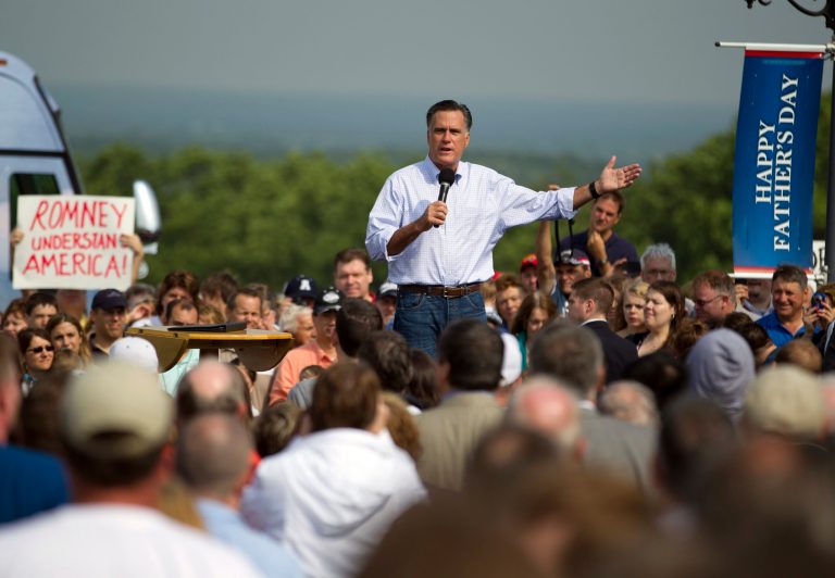   Republican presidential candidate, former Massachusetts Gov. Mitt Romney gestures during a campaign stop at Mapleside Farms on Sunday, June 17, 2012 in Brunswick, Ohio. (AP Photo/Evan Vucci)  