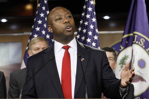 Then-Rep.-elect Tim Scott, R-S.C.., speaks during news conference on Capitol Hill in Washington, Thursday, Nov. 18, 2010. (AP Photo/Harry Hamburg) Scott and Sen. Orrin Hatch, R-Utah, have introduced the Employee Rights Act of 2012, a bill which will update federal labor laws and regulations.
