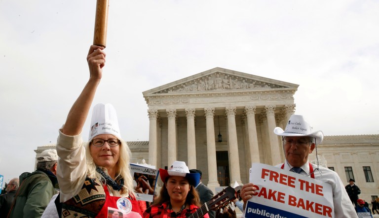 The Supreme Court on Tuesday heard oral arguments in the case of a Colorado cake artist Jack Phillips, accused of engaging in sexual orientation discrimination under the Colorado Anti-Discrimination Act when he refused to designed a custom cake celebrating the same-sex marriage of Charlie Craig and David Mullins. (AP Photo/Jacquelyn Martin)