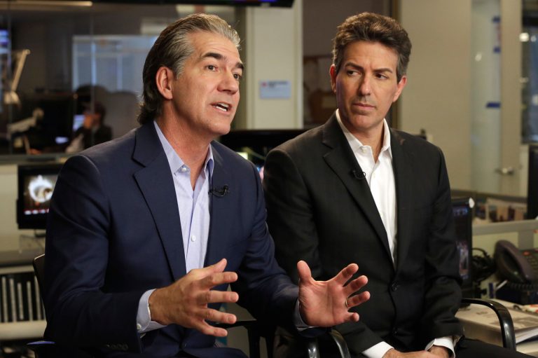 SeaWorld President and CEO Joel Manby, left, and Wayne Pacelle, President and CEO of The Humane Society of the United States, are interviewed in New York, Thursday, March 17, 2016. Finally bowing to years of public pressure, SeaWorld announced that it will immediately stop breeding killer whales, and soon stop making them perform theatrical tricks. (AP Photo/Richard Drew)