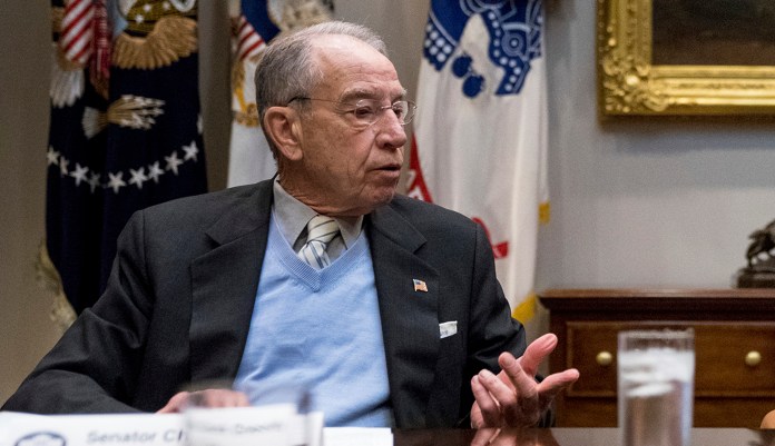 Sen. Chuck Grassley, R-Iowa, said the Senate Judiciary Committee's Russia investigation is moving forward "without any glitch." Grassley said he was unsure what President Trump when he tweeted that the GOP should "take control" of the Russia investigation. (AP Photo/Andrew Harnik)