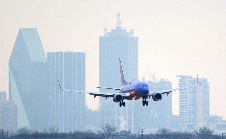 A Southwest Airlines aircraft lines up for a landing at Love Field in Dallas on Feb. 3. (AP Photo/LM Otero)