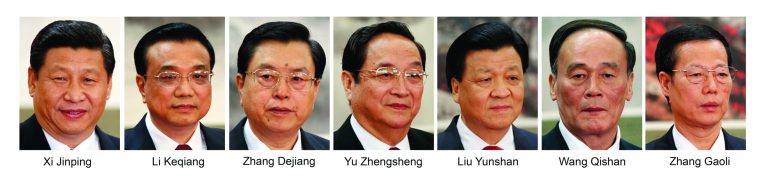 This combination of file photos from Thursday, Nov. 15, 2012, shows new members of China's Politburo Standing Committee, from left to right, Communist Party General Secretary Xi Jinping, Vice Premier Li Keqiang, Vice Premier Zhang Dejiang, Shanghai party secretary Yu Zhengsheng, propaganda chief Liu Yunshan, Vice Premier Wang Qishan, and Tianjin party secretary Zhang Gaoli, at a press event held at Beijing's Great Hall of the People. (AP Photo/Vincent Yu, Files)