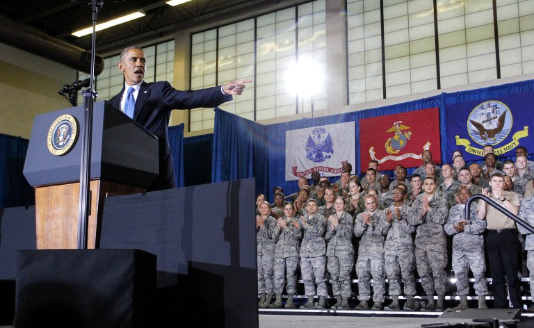 President Barack Obama speaks at U.S. Central Command (CentCom) at MacDill Air Force Base in Tampa, Fla. on Wednesday, Sept. 17, 2014. Obama consulted with military officials about the U.S. counterterrorism campaign against Islamic State militants during his visit. (AP Photo/The Tampa Bay Times, James Borchuck , Pool)