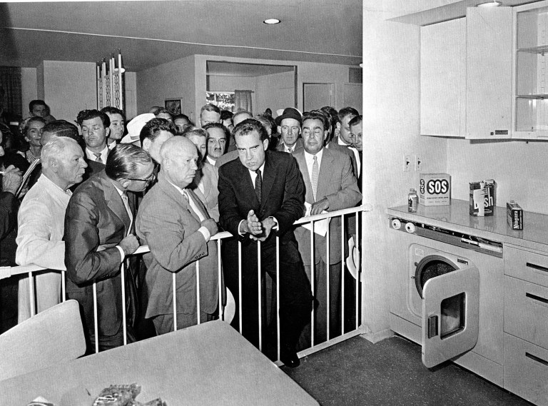 Soviet Premier Nikita Khrushchev, center left, talks with U.S. Vice President Richard Nixon during their famous 