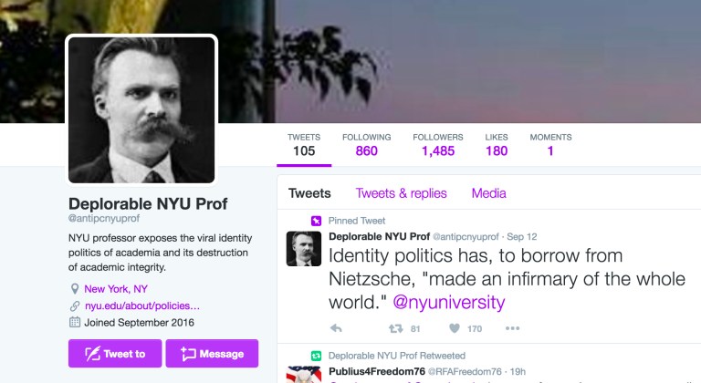 New York University professor Michael Rectenwald, a clinical assistant professor of liberal studies, created a fake twitter account called 