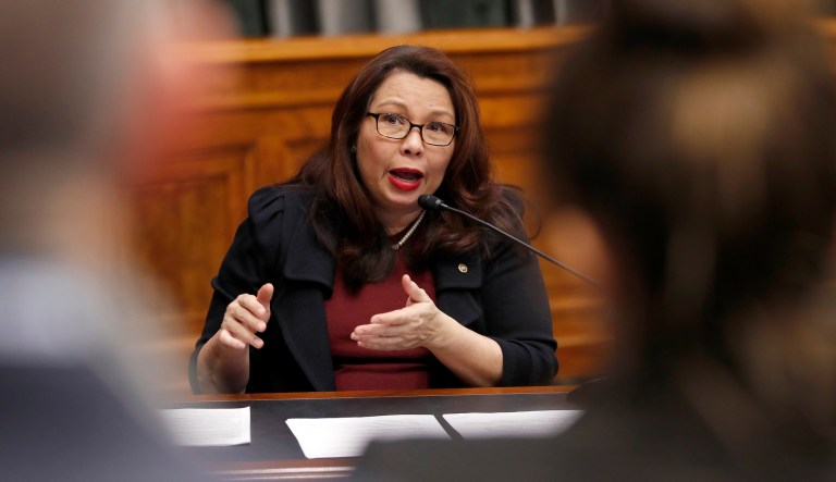 Sen. Tammy Duckworth, D-Ill., announced in January she is expecting her second child. She joins nine other women who have given birth while in Congress. (AP Photo/Alex Brandon)