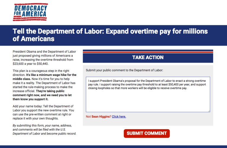 The Howard Dean-founded group Democracy for America is telling fans to 