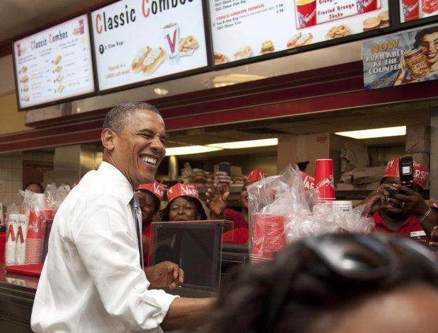 President Barack Obama stops at The Varsity restaurant, Tuesday, June 26, 2012, in Atlanta. (AP Photo/Carolyn Kaster) 