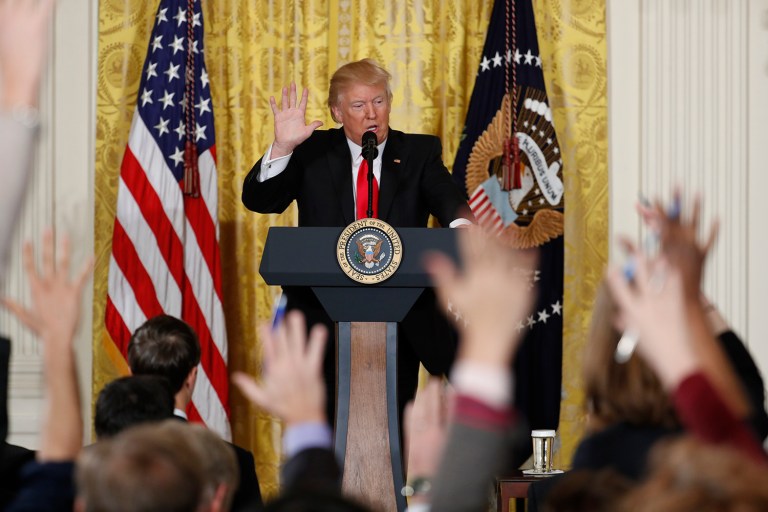 President Donald Trump speaks during a news conference, Thursday, Feb. 16, 2017, in the East Room of the White House in Washington. (AP Photo/Pablo Martinez Monsivais)