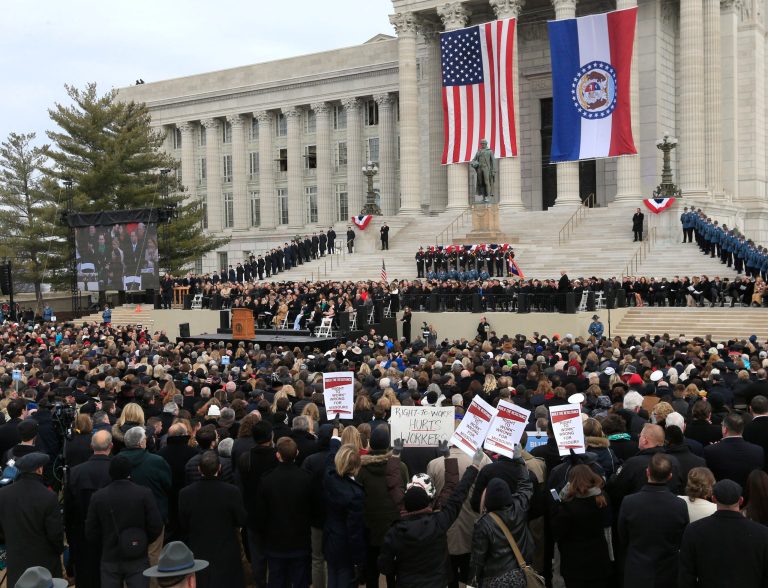 Missouri union activists turned in more than 310,000 signatures Friday to ensure a fall ballot referendum asking voters whether they wanted to keep the state's right-to-work law. (AP Photo/Orlin Wagner)